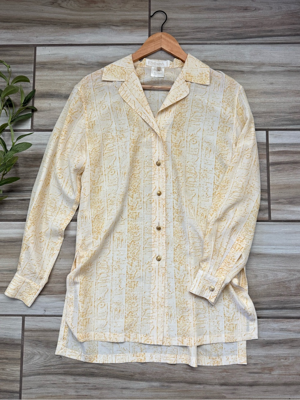 Vintage Escada Margaretha Ley Silk Blouse 34 Wood Logs Gold Buttons Tunic